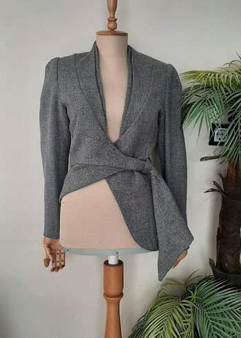 36 Beden Kadın Gri Yün Kemerli Midi Blazer