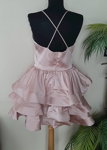 Pembe Mini V Yaka Fırfırlı Abiye Elbise - Görsel 8