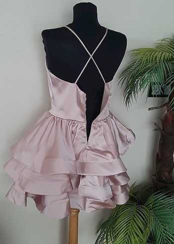 Pembe Mini V Yaka Fırfırlı Abiye Elbise - Görsel 10