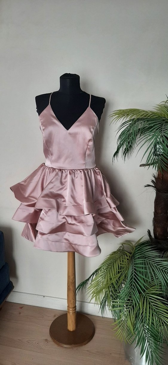 Pembe Mini V Yaka Fırfırlı Abiye Elbise - Görsel 4