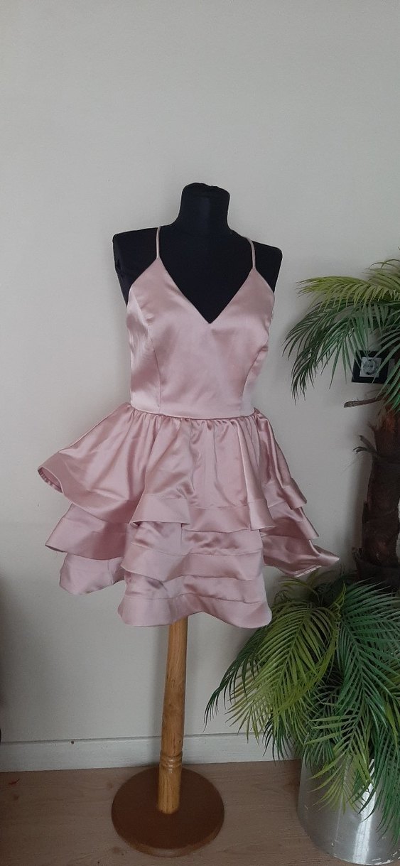 Pembe Mini V Yaka Fırfırlı Abiye Elbise - Görsel 5