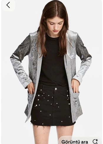 s Beden Gri kadife Kadın Blazer Ceket