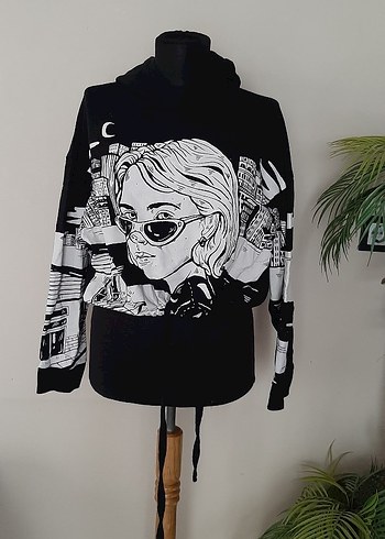 Siyah Baskılı Mini Kadın Sweatshirt