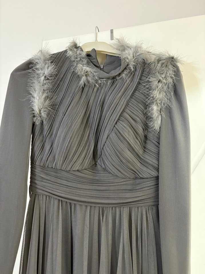 Gri Kürklü Uzun Abiye Elbise - Görsel 2