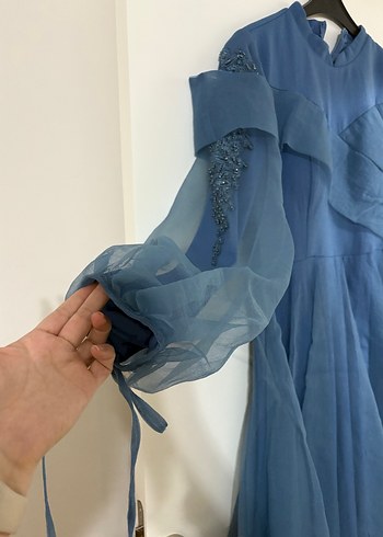 Uzun Kollu Mavi Bohem Uzun Abiye Elbise - Görsel 3