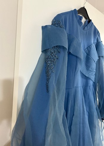 Uzun Kollu Mavi Bohem Uzun Abiye Elbise - Görsel 2