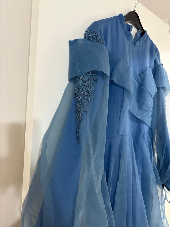 Uzun Kollu Mavi Bohem Uzun Abiye Elbise - Görsel 2