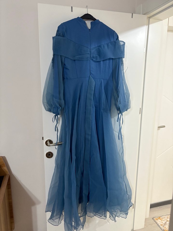 Uzun Kollu Mavi Bohem Uzun Abiye Elbise - Görsel 5