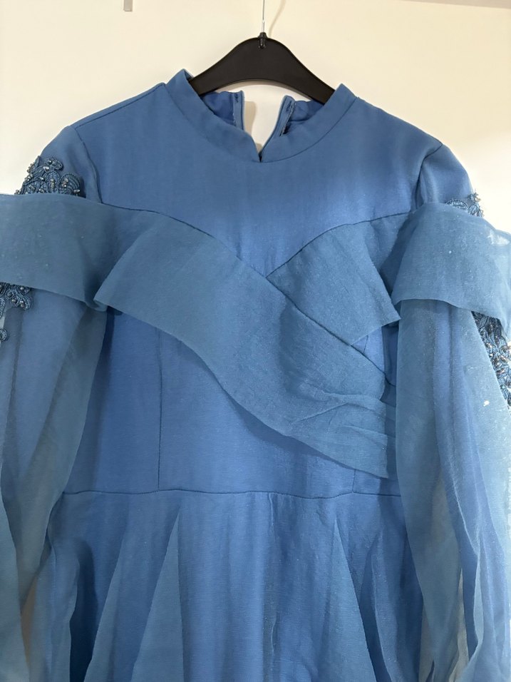 Uzun Kollu Mavi Bohem Uzun Abiye Elbise - Görsel 4