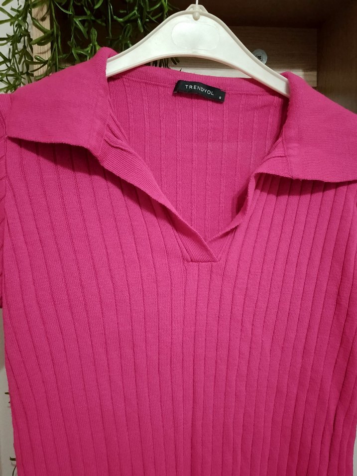 Pembe Kadın Triko Yaka Detaylı Kazak - Görsel 4