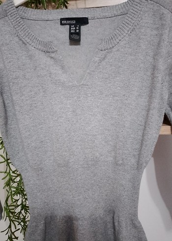 Gri V Yakalı Triko Kadın Elbise - Görsel 2