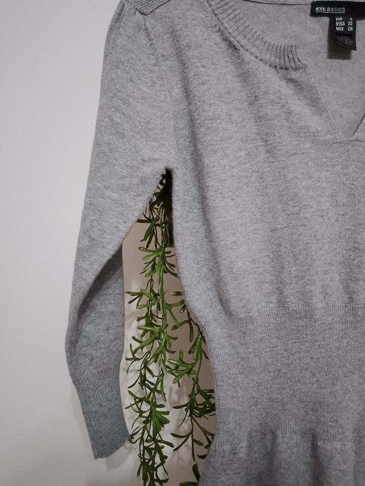 Gri V Yakalı Triko Kadın Elbise - Görsel 3