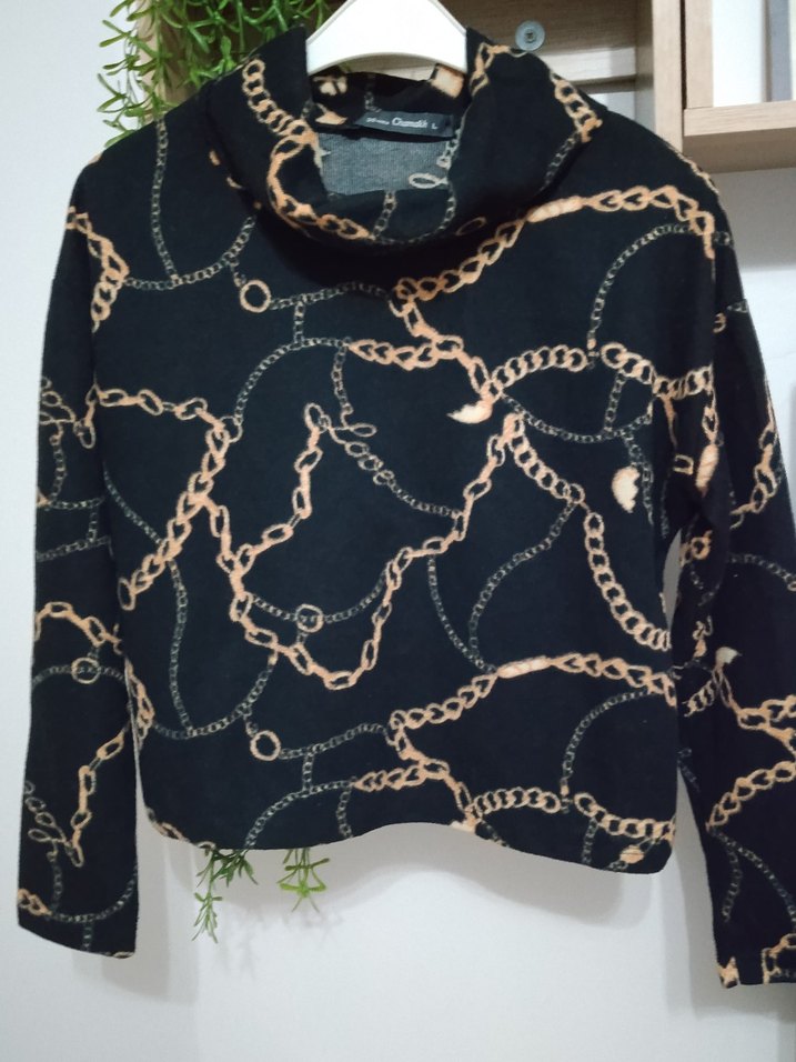 Zincir Desenli Siyah Baskılı Yumuşak Kazak - Görsel 3