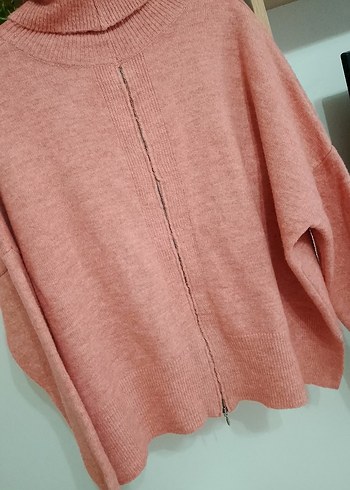 Pembe Boğazlı Örgü Salaş Kadın Kazak - Görsel 4
