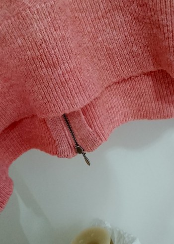 Pembe Boğazlı Örgü Salaş Kadın Kazak - Görsel 2