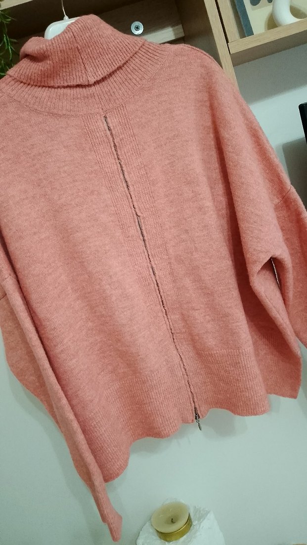 Pembe Boğazlı Örgü Salaş Kadın Kazak - Görsel 4