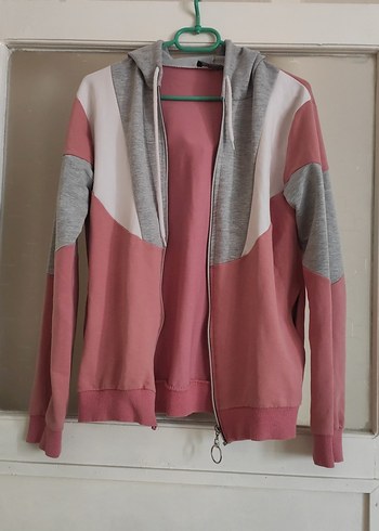 Gri-Pembe Fermuarlı Kadın Sweatshirt