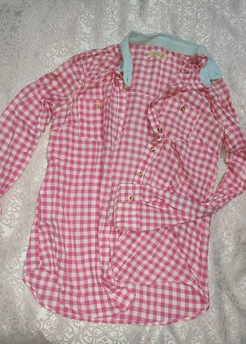 xs beden Kız Çocuk Pembe Kareli Düğmeli Gömlek - Görsel 2