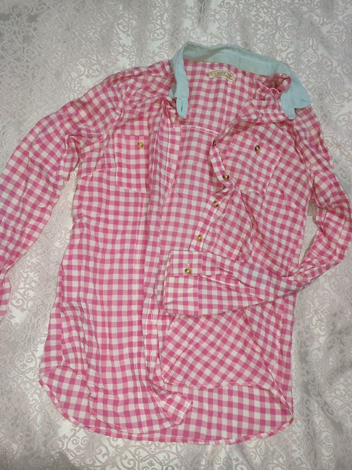 xs beden Kız Çocuk Pembe Kareli Düğmeli Gömlek - Görsel 2