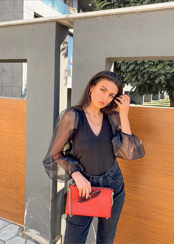 Siyah tül kol bluz - Görsel 2