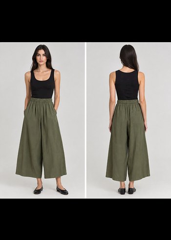 Massimo Dutti Haki Yuksek Bel Bol Paca Keten Pantolon