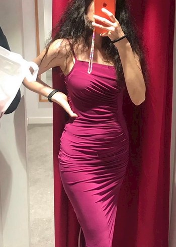 Drapeli Uzun Pembe İnce Askılı Elbise - Görsel 3