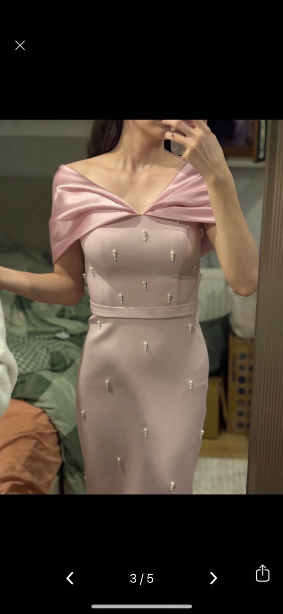 Pembe midi boy incili abiye - Görsel 4