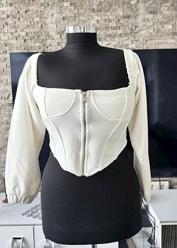 s Beden Fermuarlı Beyaz Mini Sweatshirt Bluz