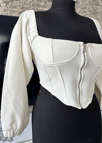 Fermuarlı Beyaz Mini Sweatshirt Bluz