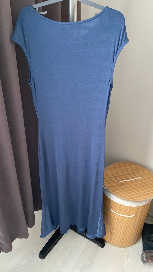 Drapeli V Yakalı Lacivert Uzun Elbise - Görsel 3