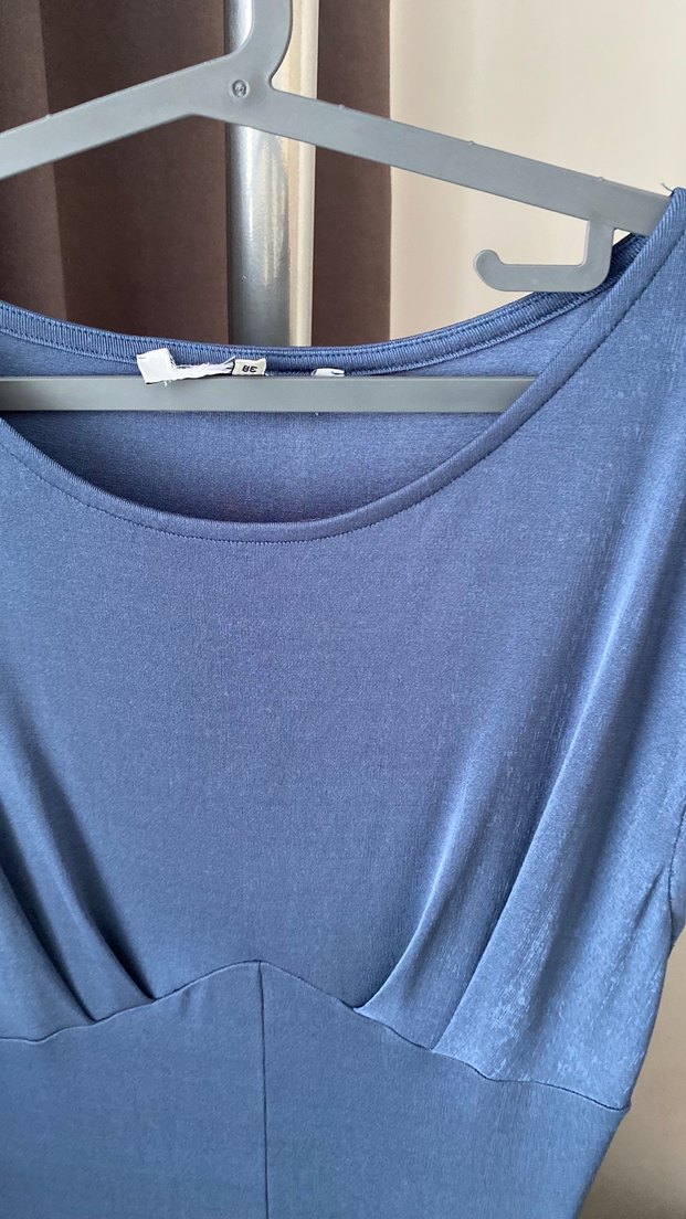 Drapeli V Yakalı Lacivert Uzun Elbise - Görsel 2