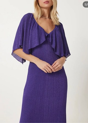 Mor V Yaka Uzun Salaş Bohem Elbise - Görsel 5