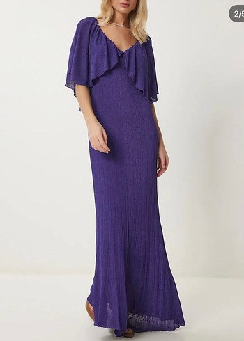 Mor V Yaka Uzun Salaş Bohem Elbise - Görsel 2