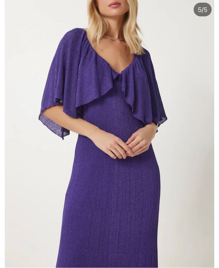 Mor V Yaka Uzun Salaş Bohem Elbise - Görsel 5