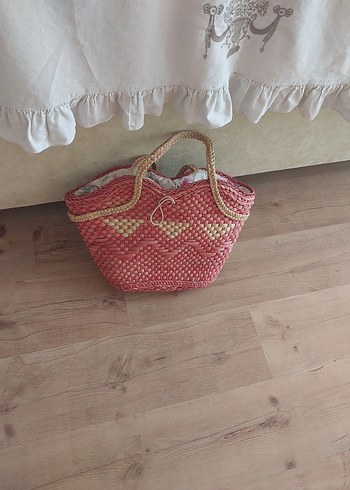 Pembe Bohem hasır  plaj Çantası gerçek hasır - Görsel 7