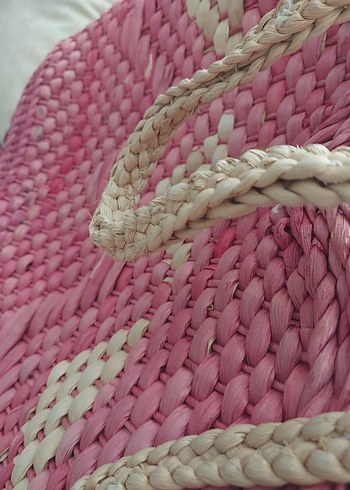 Pembe Bohem hasır  plaj Çantası gerçek hasır - Görsel 6