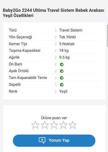 Baby2Go Baby2 Go Yeşil Bebek Arabası ve Oto Koltuğu Seti (puset)