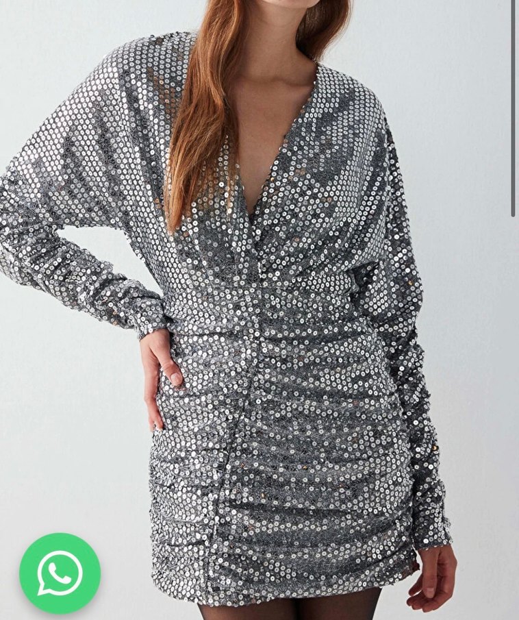 V Yaka Gri Mini Elbise - Görsel 2