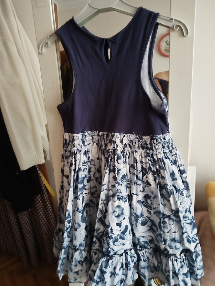 Kız Çocuk Mavi Gri Bağlama Desenli Salaş Elbise - Görsel 2