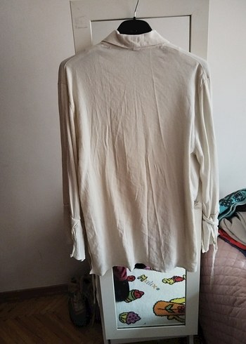 Kadın Beyaz Keten Düğmeli Gömlek - Görsel 2