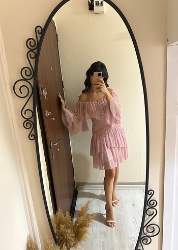 s Beden Puantiyeli Pembe Mini Straplez Elbise