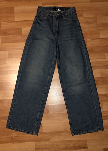 H&M Koyu Mavi Yuksek Bel Genis Paca Jean