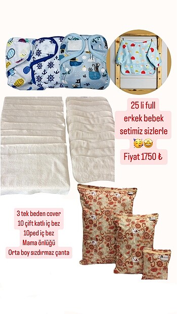 Yıkanabilir bebek bezi seti erkek bebek seti