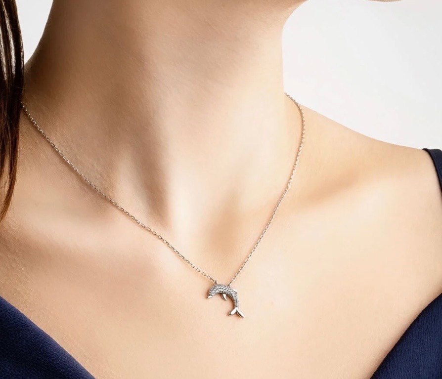 Gri Mini Zincirli Yunus Kolye ucu - Görsel 2