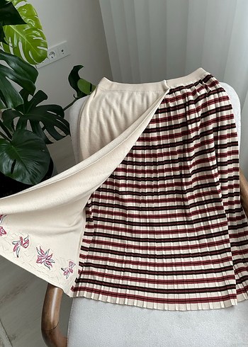 Nakışlı Pilili Bohem Midi Triko Etek - Görsel 2