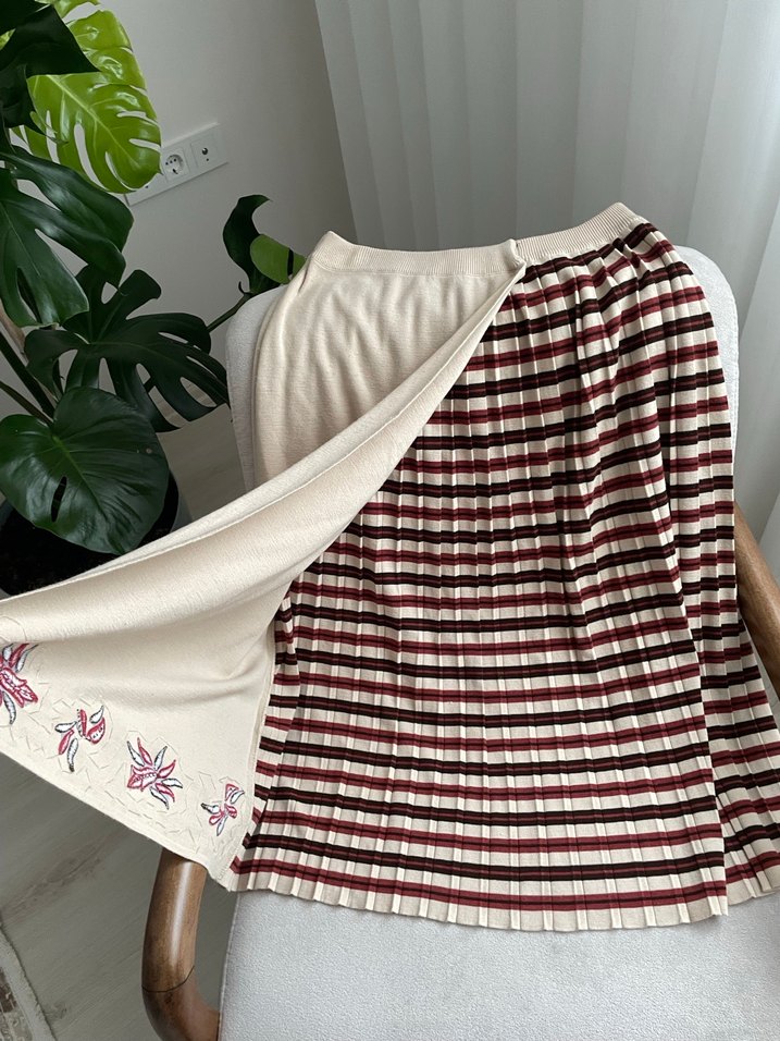 Nakışlı Pilili Bohem Midi Triko Etek - Görsel 2