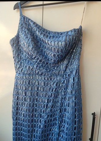 Parlak Lacivert Drapeli Uzun Abiye Elbise - Görsel 3