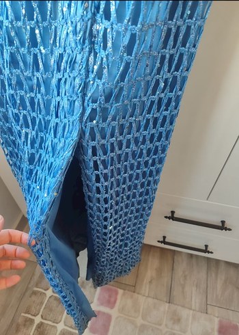 Parlak Lacivert Drapeli Uzun Abiye Elbise - Görsel 2