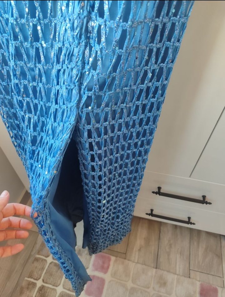 Parlak Lacivert Drapeli Uzun Abiye Elbise - Görsel 2