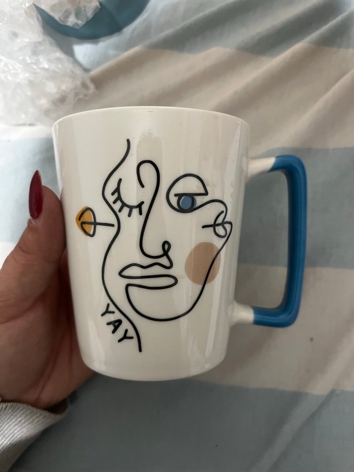 Mavi Saplı Beyaz Seramik Kupa - Görsel 2